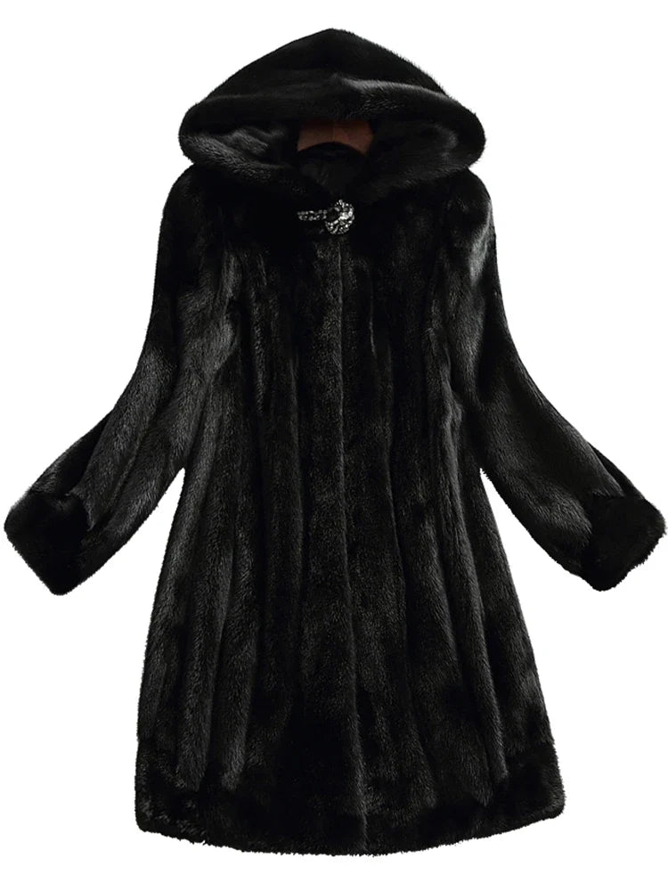 Women's black faux fur hooded coat with long sleeves and flared mid-calf shape
