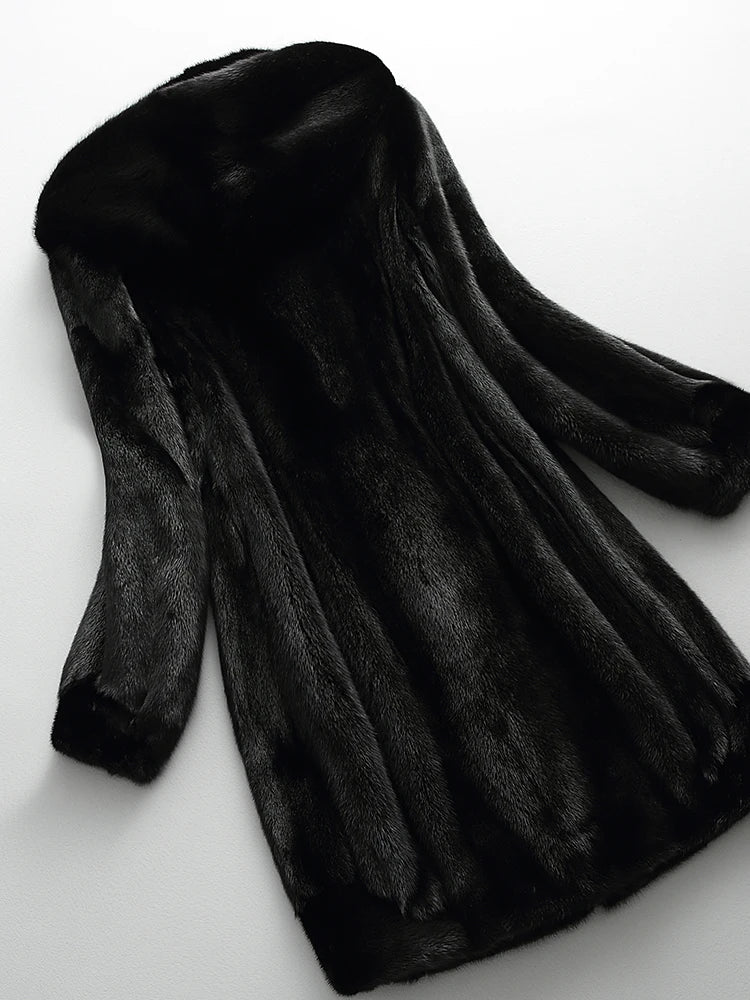 Women's black faux fur hooded coat with long sleeves and flared mid-calf shape