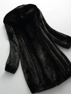 Women's black faux fur hooded coat with long sleeves and flared mid-calf shape