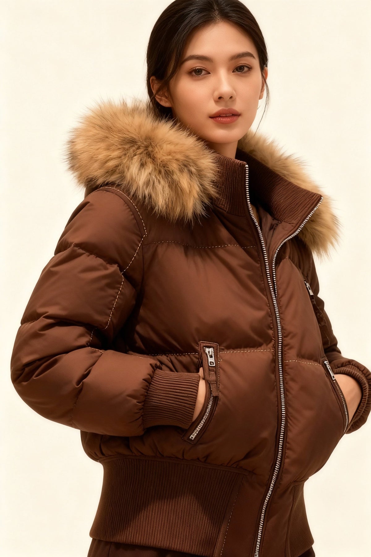 Women's quilted hooded puffer jacket with faux fur trim and zipped pockets