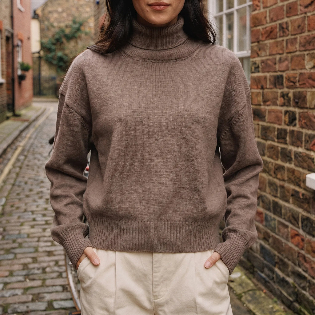 Hembox  - Cropped Turtleneck Jumper Layering Over High-Waisted Trousers