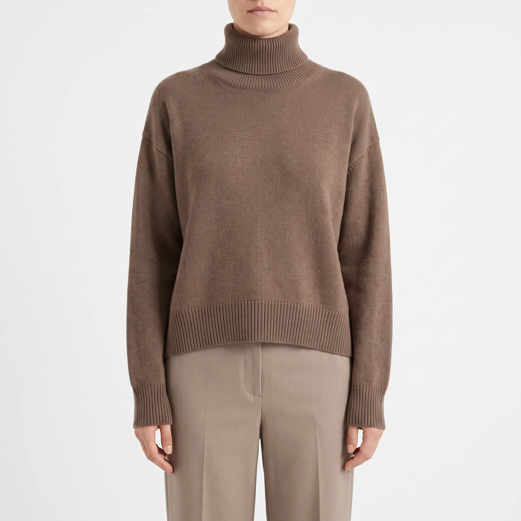 Hembox  - Cropped Turtleneck Jumper Layering Over High-Waisted Trousers