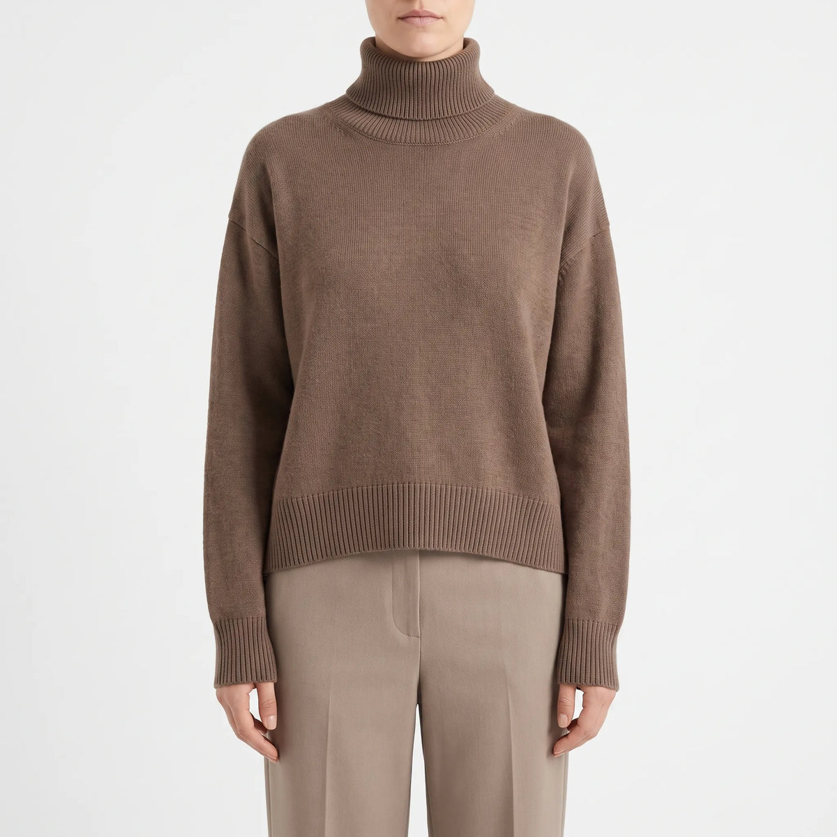 Hembox  - Cropped Turtleneck Jumper Layering Over High-Waisted Trousers