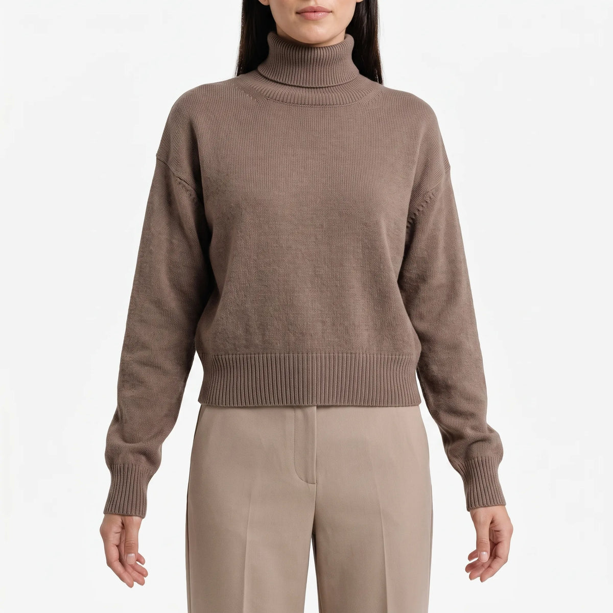 Hembox  - Cropped Turtleneck Jumper Layering Over High-Waisted Trousers