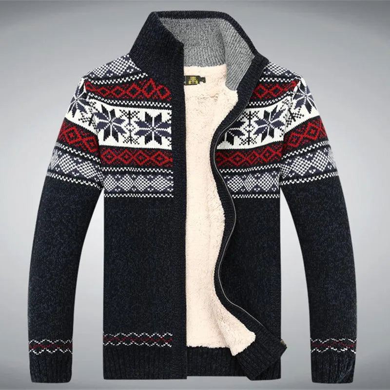 Men's knitted cardigan with Nordic geometric pattern, high collar and zip front