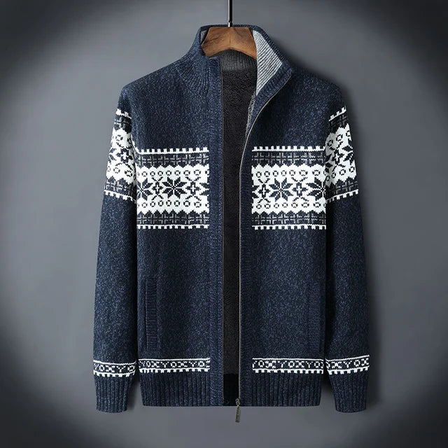 Men's knitted cardigan with Nordic geometric pattern, high collar and zip front