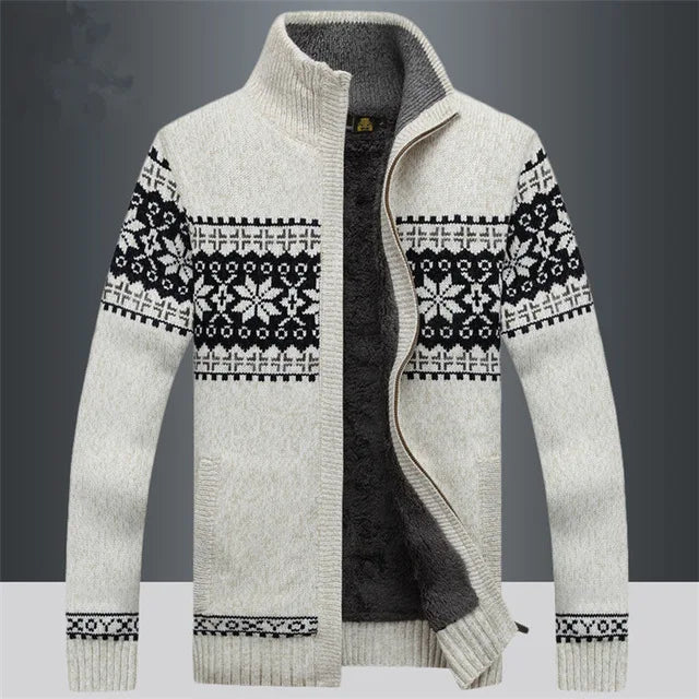 Men's knitted cardigan with Nordic geometric pattern, high collar and zip front