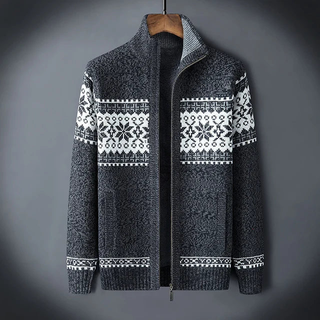 Men's knitted cardigan with Nordic geometric pattern, high collar and zip front