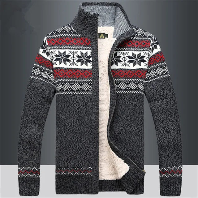 Men's knitted cardigan with Nordic geometric pattern, high collar and zip front