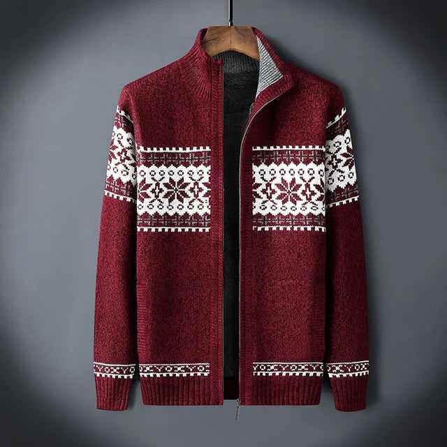 Men's knitted cardigan with Nordic geometric pattern, high collar and zip front
