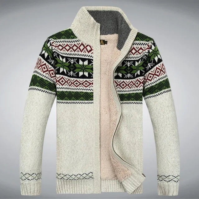 Men's knitted cardigan with Nordic geometric pattern, high collar and zip front