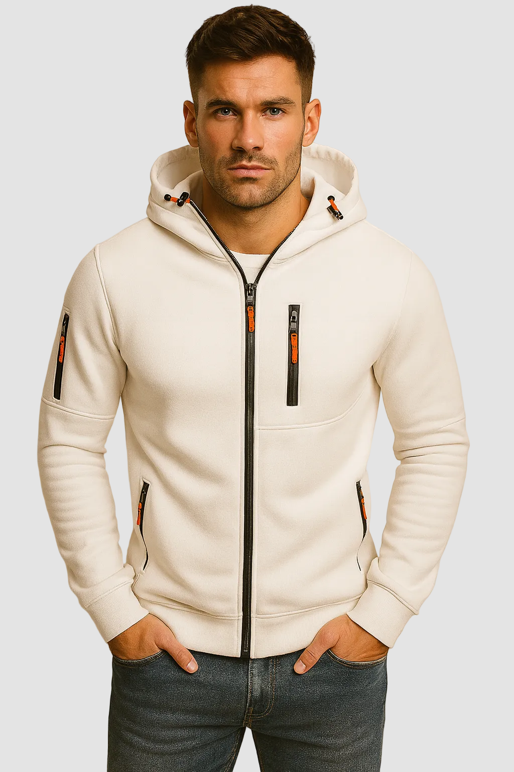 Men's full-zip hooded hoodie with long sleeves and multiple zipped pockets