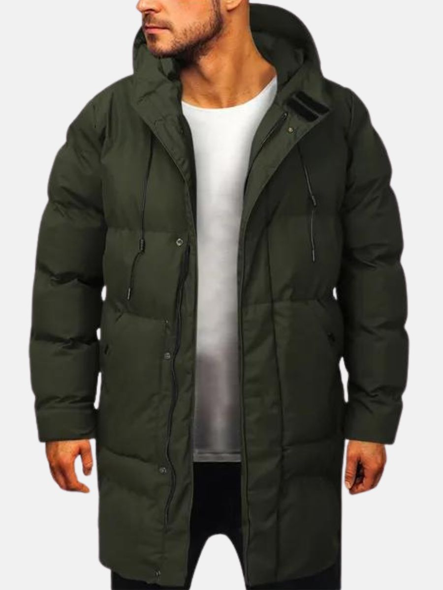 Men's longline hooded parka jacket with zip front and multiple pockets