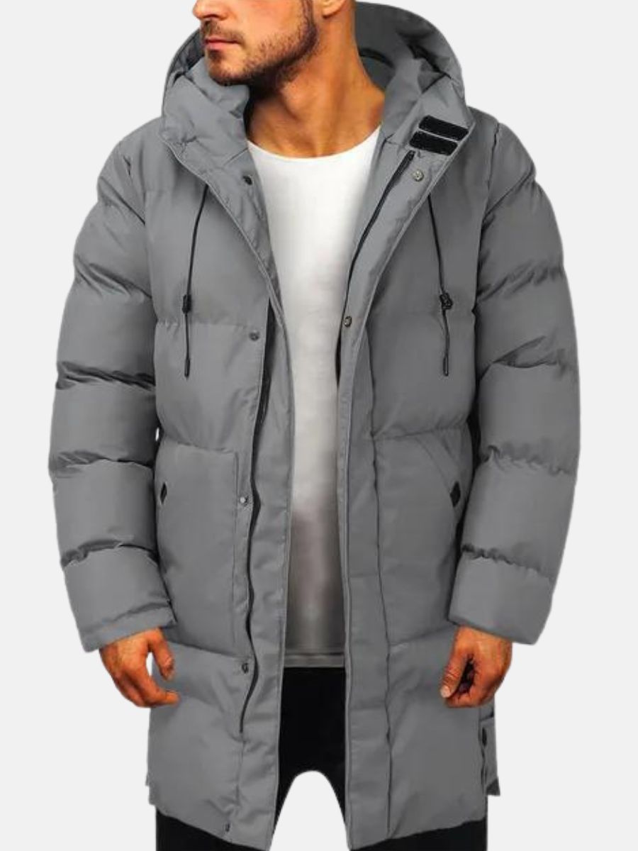 Men's longline hooded parka jacket with zip front and multiple pockets