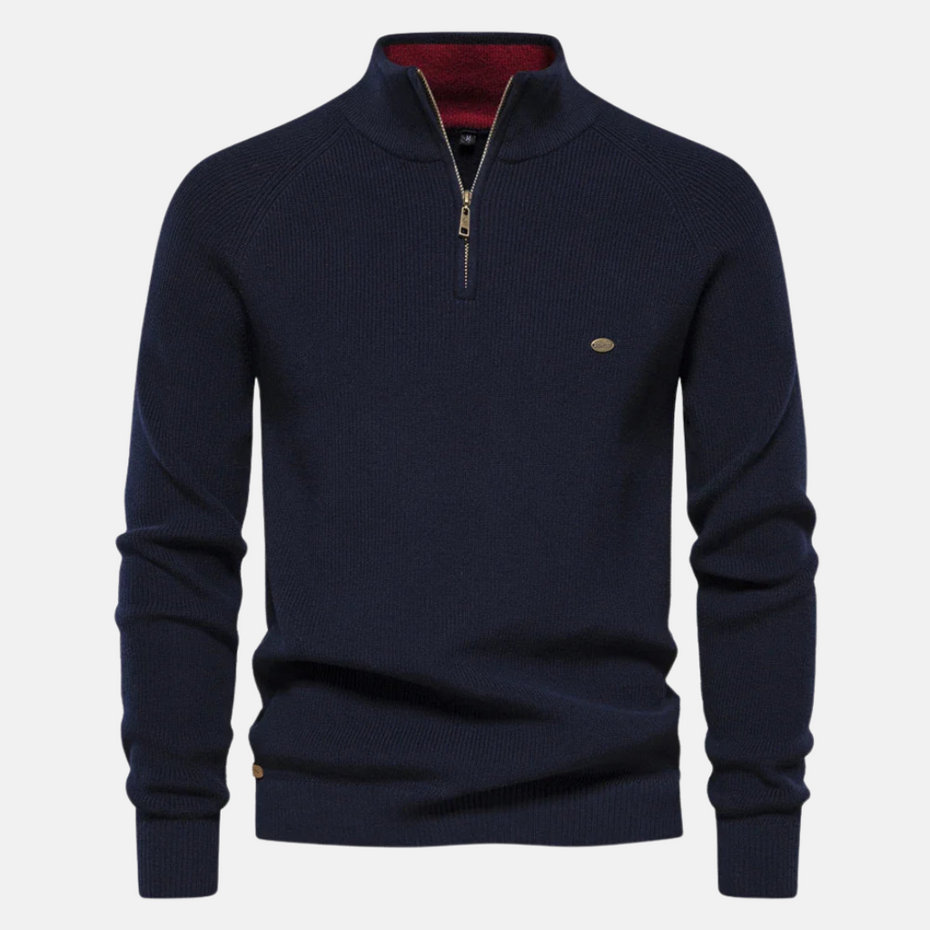 Men's ribbed half-zip jumper with raised collar and long sleeves