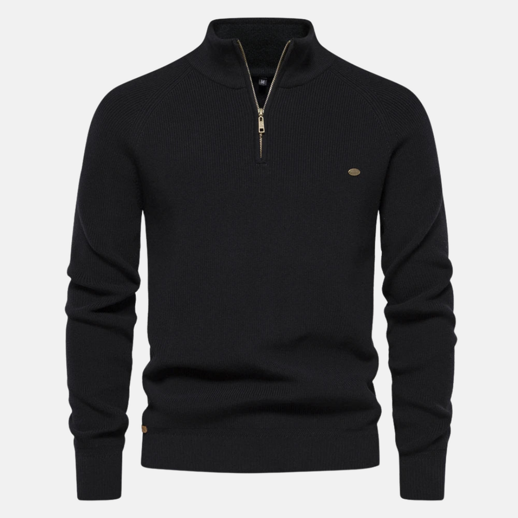 Men's ribbed half-zip jumper with raised collar and long sleeves