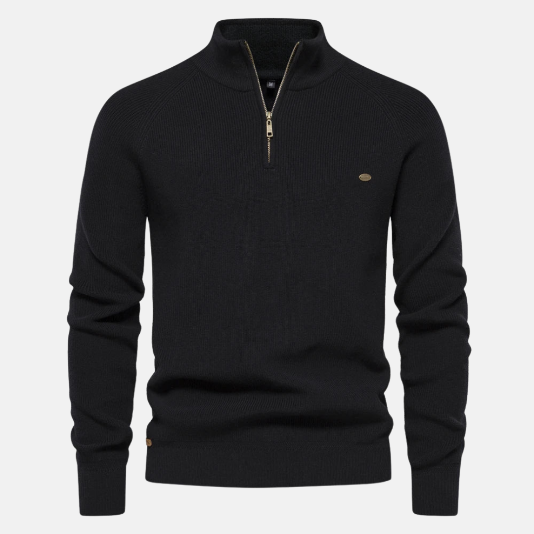 Men's ribbed half-zip jumper with raised collar and long sleeves
