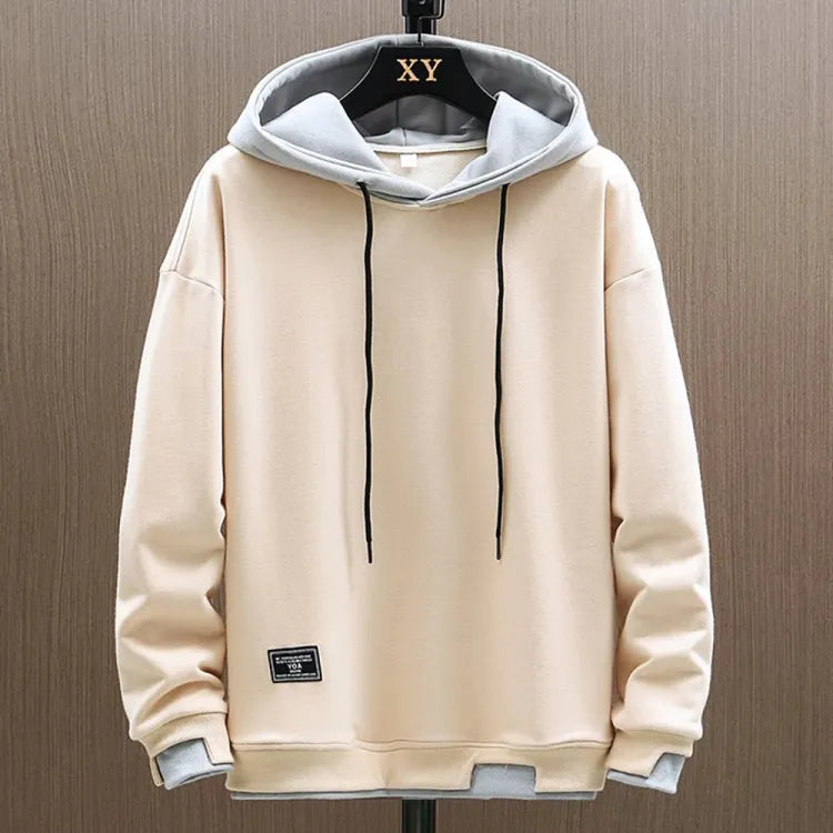 Men's two-tone pullover hoodie with drawstring hood and long sleeves