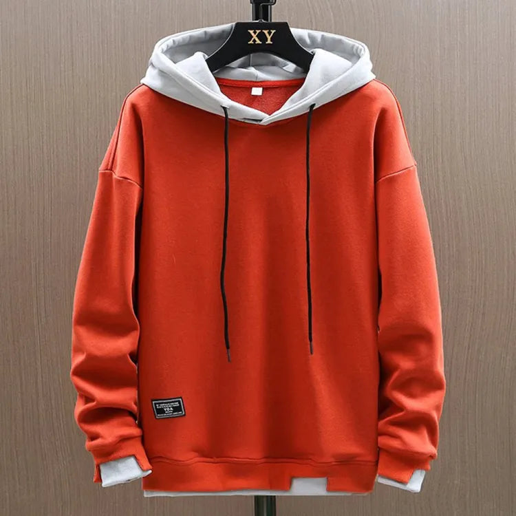 Men's two-tone pullover hoodie with drawstring hood and long sleeves