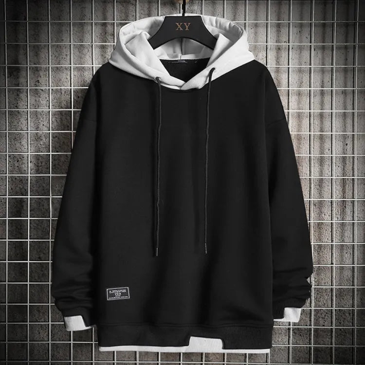 Men's two-tone pullover hoodie with drawstring hood and long sleeves