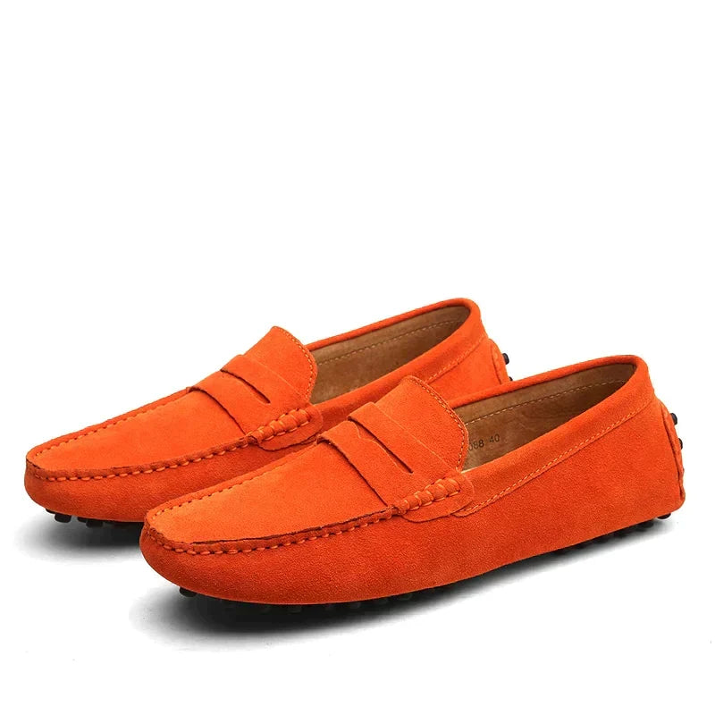 Men's moc toe loafers with penny strap and flat soles