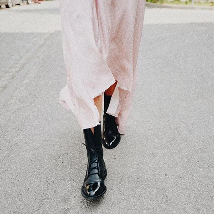 Women's knee-high lace-up boots with almond toes and low heels