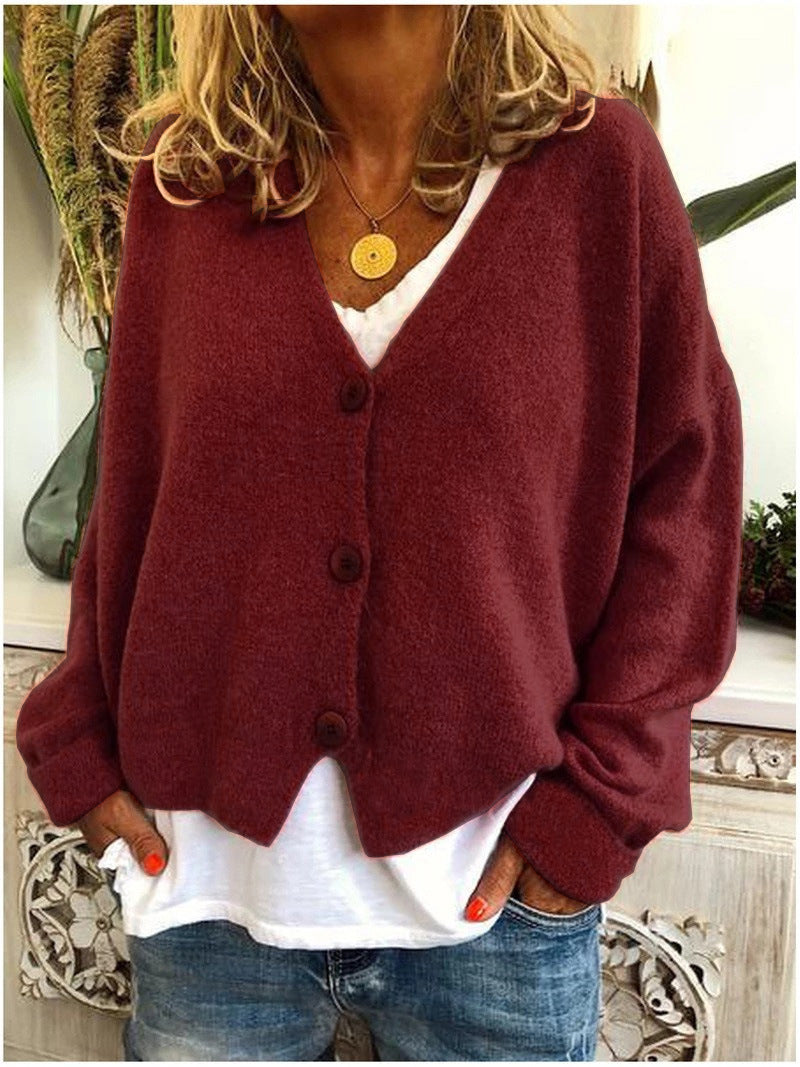 Women's long-sleeve V-neck button cardigan with ribbed cuffs and hem