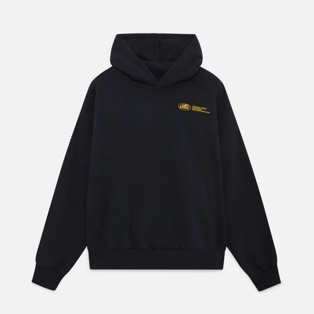 Women's oversized hooded sweatshirt with long sleeves and large back text graphic