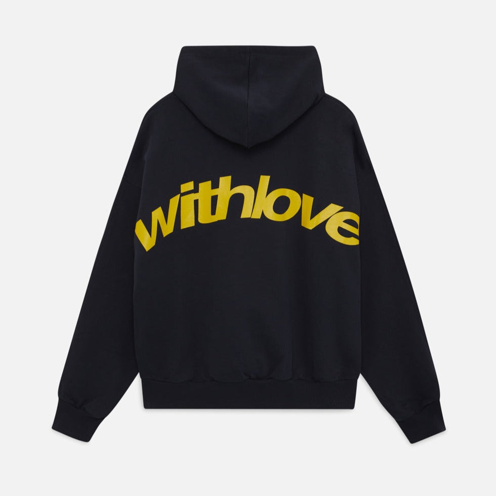 Women's oversized hooded sweatshirt with long sleeves and large back text graphic