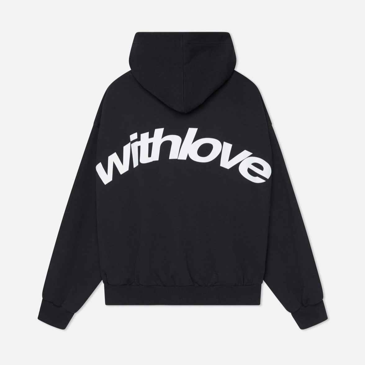Women's oversized hooded sweatshirt with long sleeves and large back text graphic