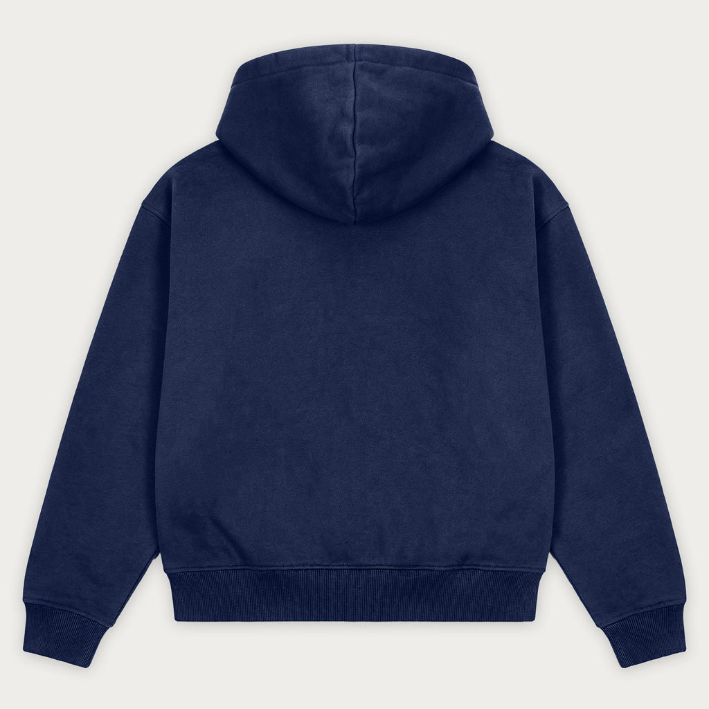 Navy hooded sweatshirt with long sleeves and front kangaroo pocket