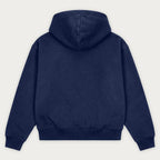 Navy hooded sweatshirt with long sleeves and front kangaroo pocket