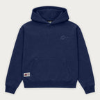 Navy hooded sweatshirt with long sleeves and front kangaroo pocket
