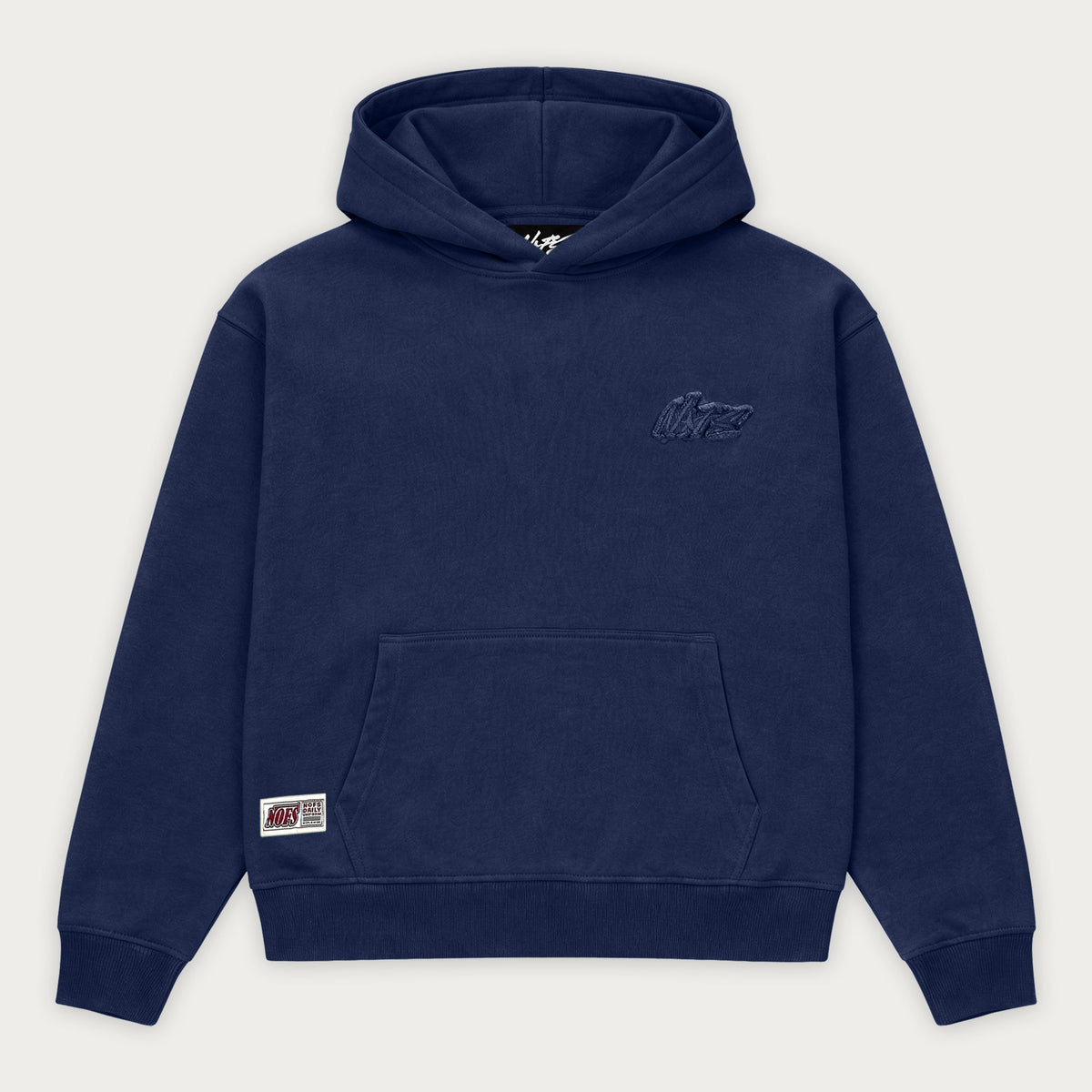 Navy hooded sweatshirt with long sleeves and front kangaroo pocket