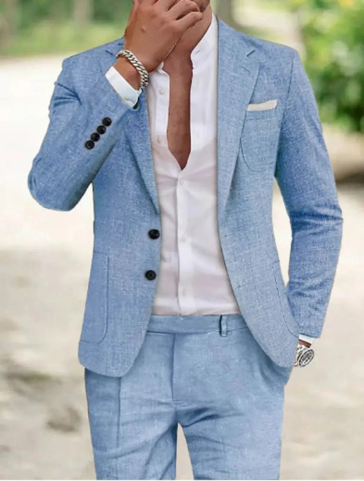 Men's two-button textured suit set with notched lapels and matching trousers