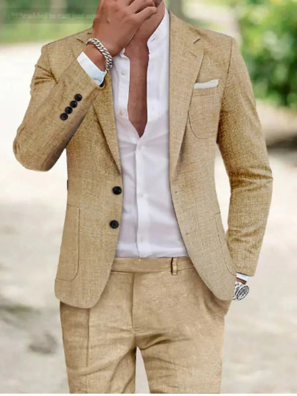 Men's two-button textured suit set with notched lapels and matching trousers