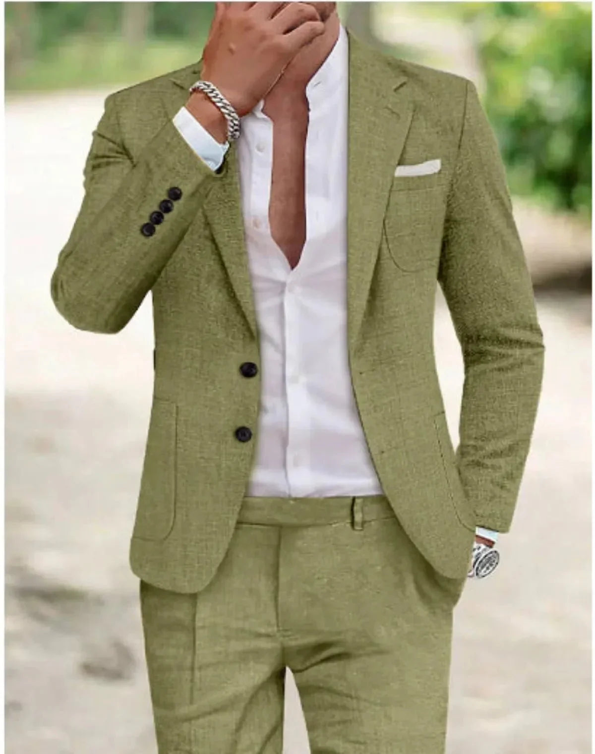 Men's two-button textured suit set with notched lapels and matching trousers