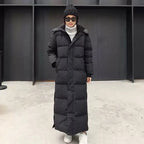 Women's long quilted puffer coat with hood and side pockets