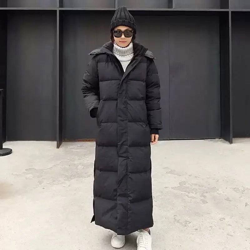 Women's long quilted puffer coat with hood and side pockets