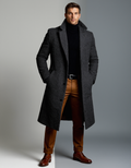 Men's long button-front overcoat with notch lapels and side pockets