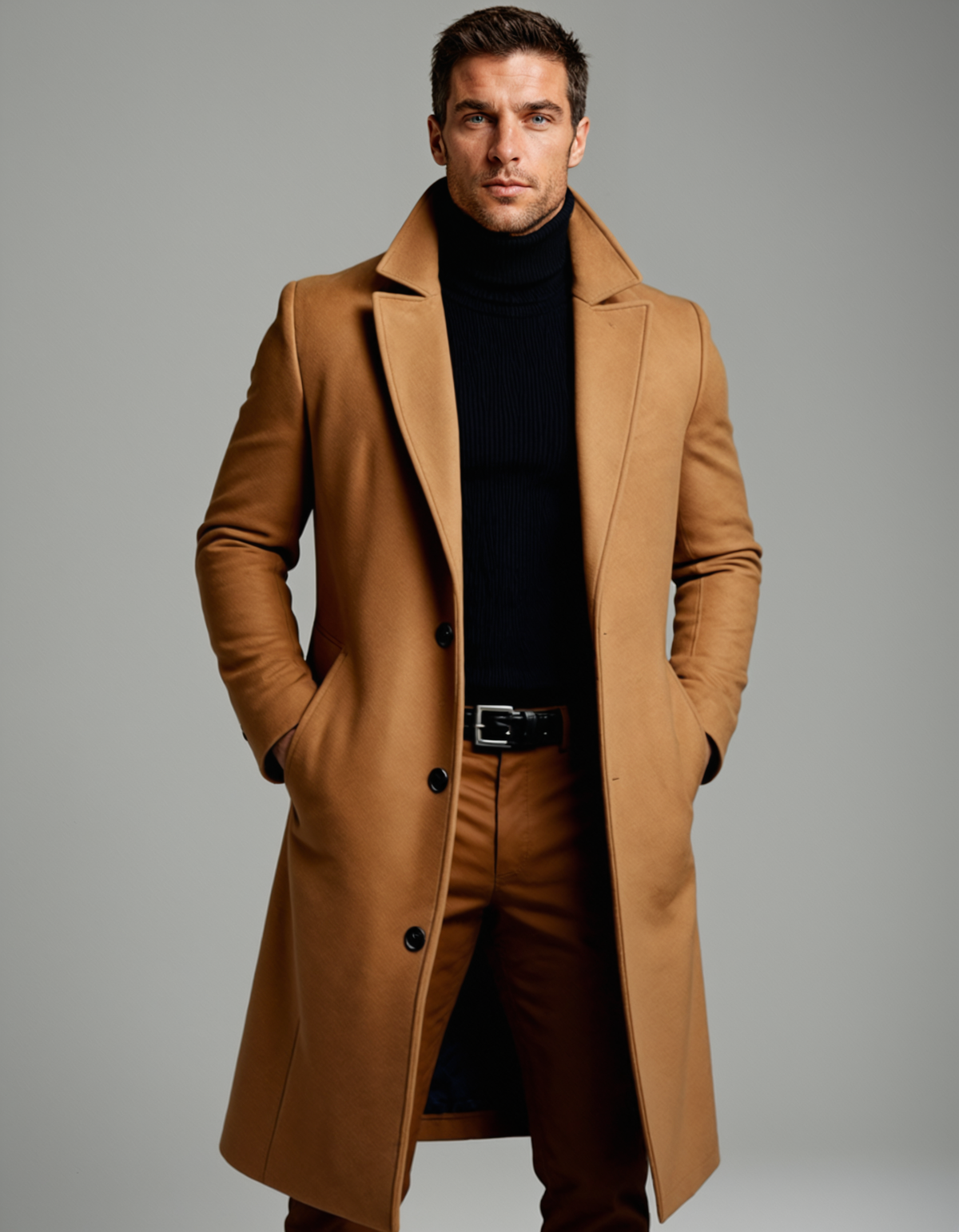 Men's long button-front overcoat with notch lapels and side pockets
