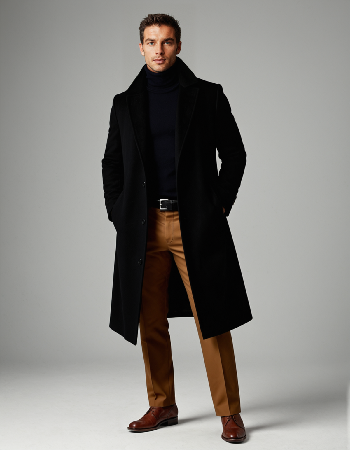 Men's long button-front overcoat with notch lapels and side pockets