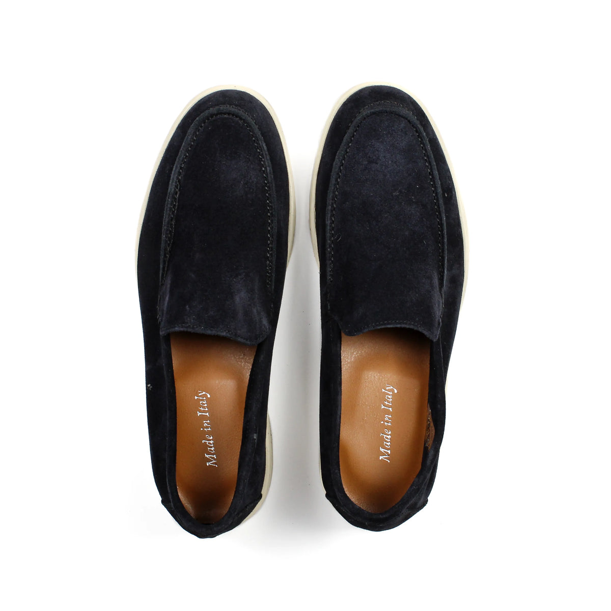 Black men's moccasin loafers with rounded toes and light flat soles