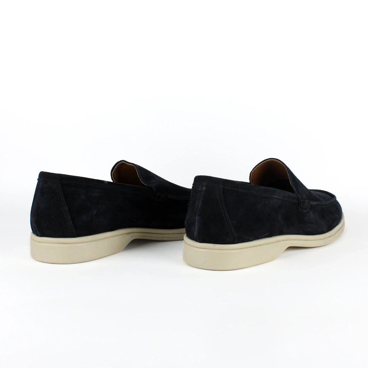 Black men's moccasin loafers with rounded toes and light flat soles