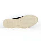 Black men's moccasin loafers with rounded toes and light flat soles