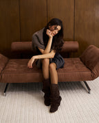 Women's brown slouch boots with gathered shaft, almond toe and low heel