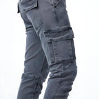 Men's slim fit cargo trousers with multiple utility pockets and tapered legs