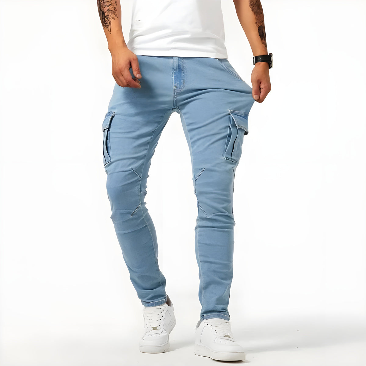 Men's slim fit cargo trousers with multiple utility pockets and tapered legs