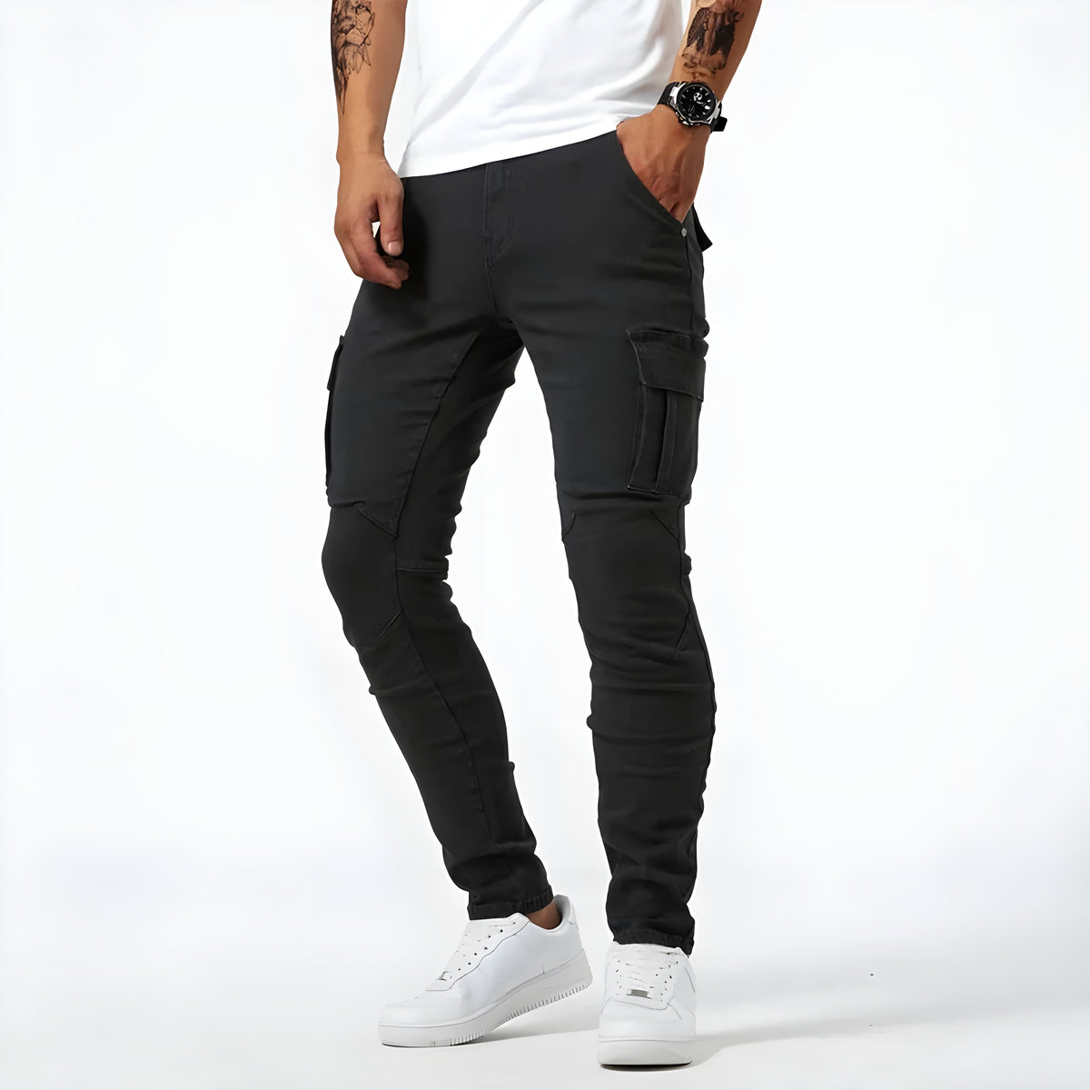 Men's slim fit cargo trousers with multiple utility pockets and tapered legs