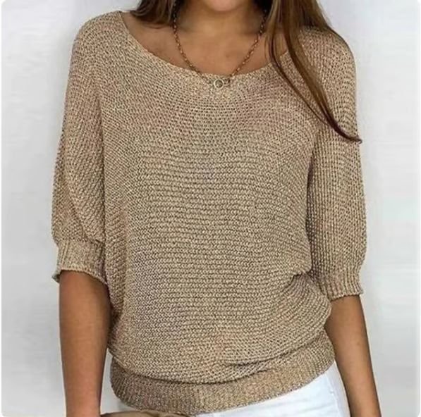 Women's textured knit jumper with round neckline and three-quarter sleeves
